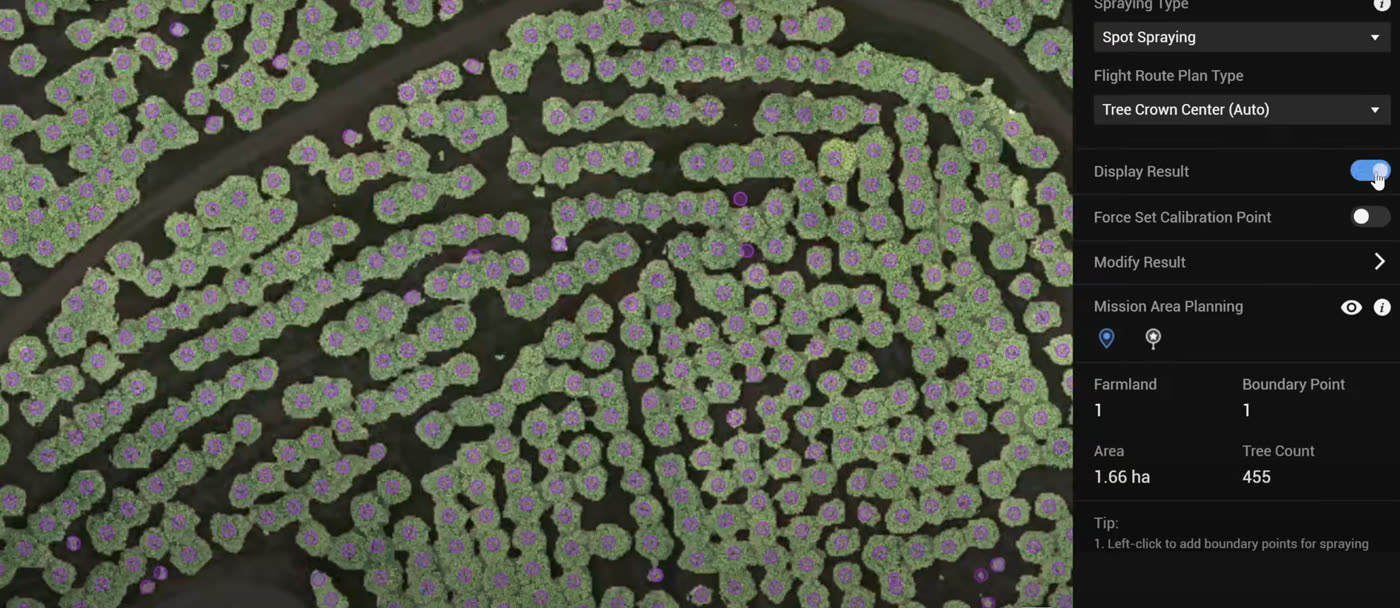 AI software identifying and counting 455 individual trees for targeted spot spraying