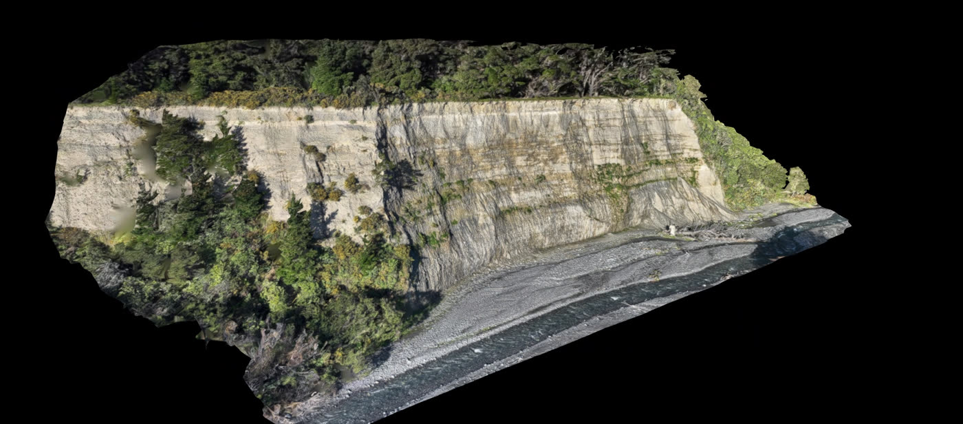 3D photogrammetry model of a cliff face and riverbed from a KC Drone Solutions survey