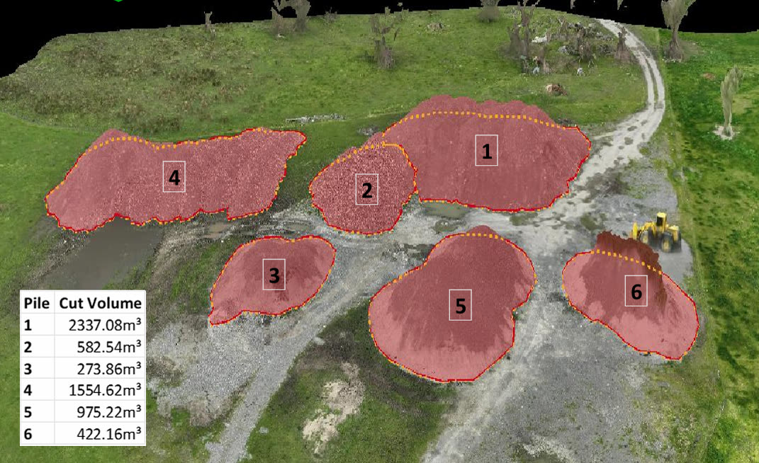 Six stockpiles measured in one survey with individual cut volumes calculated for each