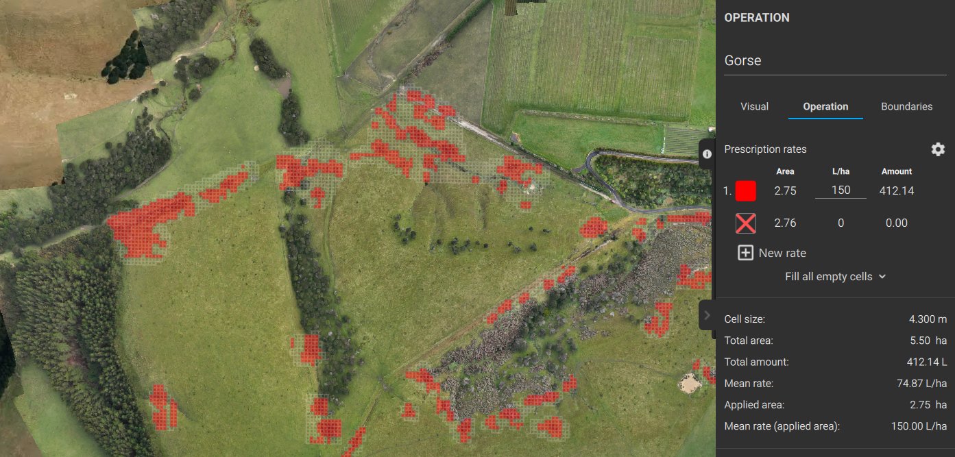 Gorse spraying prescription map showing targeted spray cells over Wairarapa hill country — 2.75ha treated at 150L/ha out of a 5.5ha block