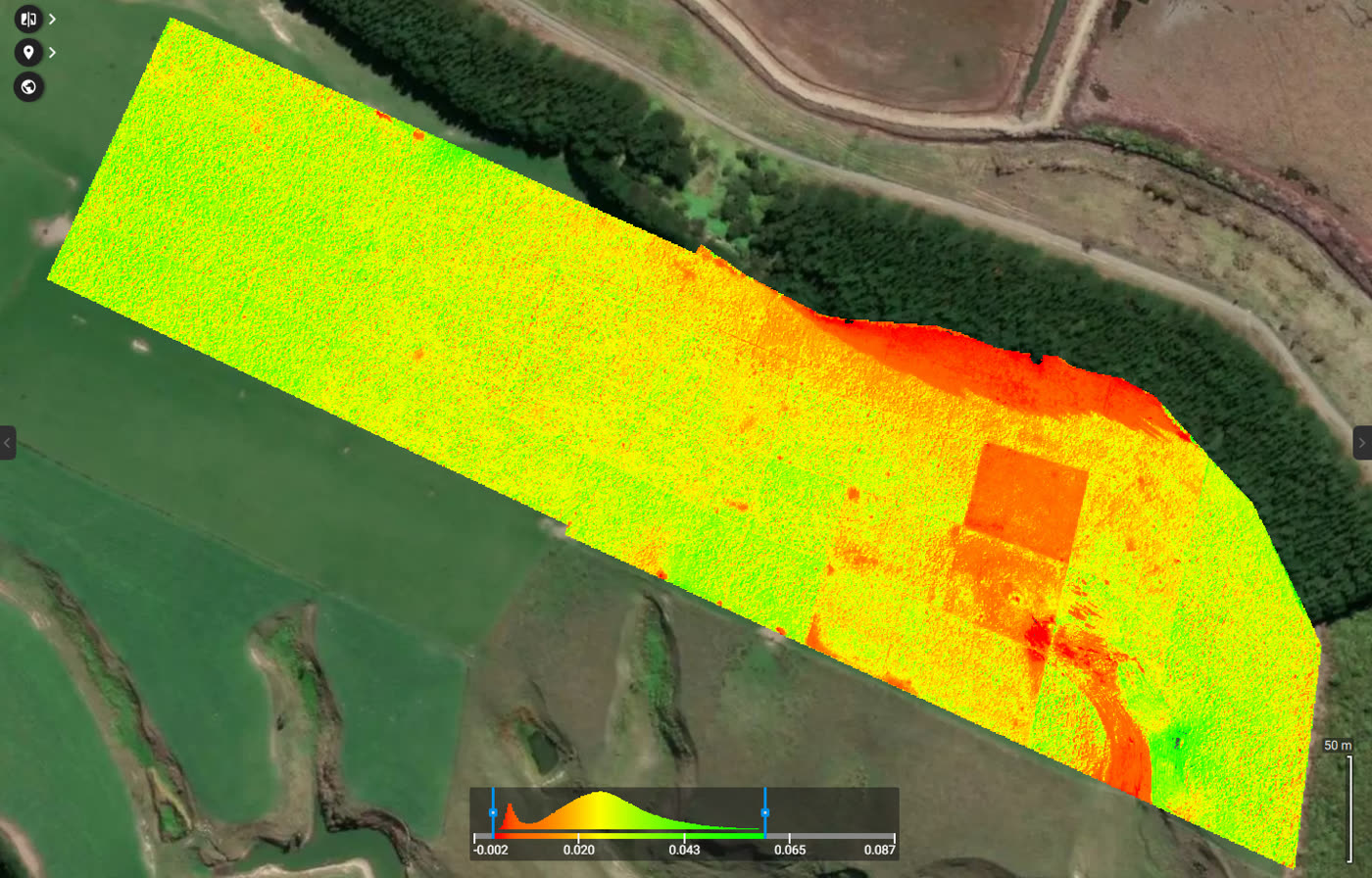 NDVI health map overlaid on aerial imagery from a KC Drone Solutions survey