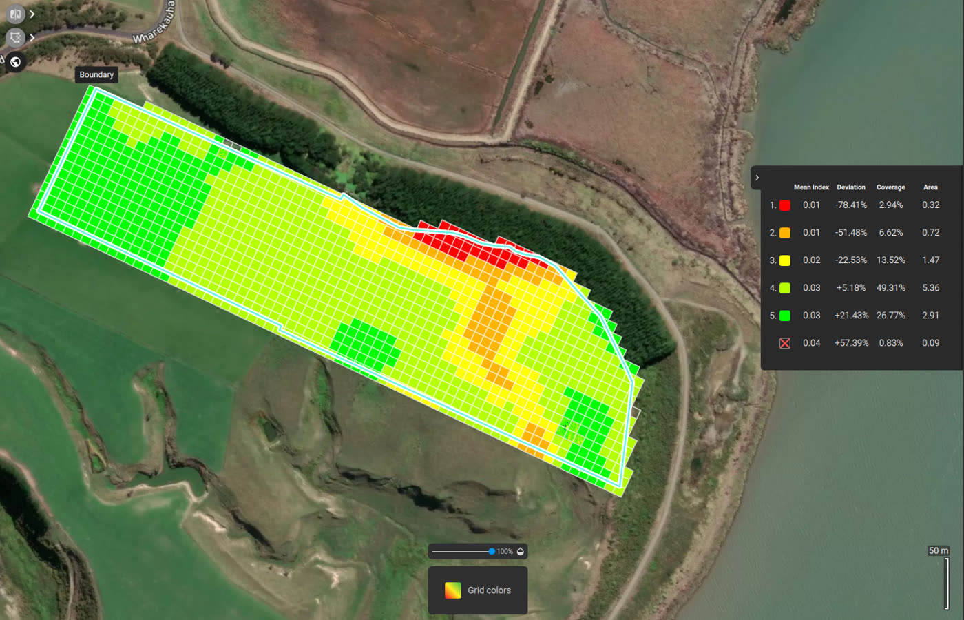 Gridded variable-rate prescription map over a Wairarapa paddock with zone statistics