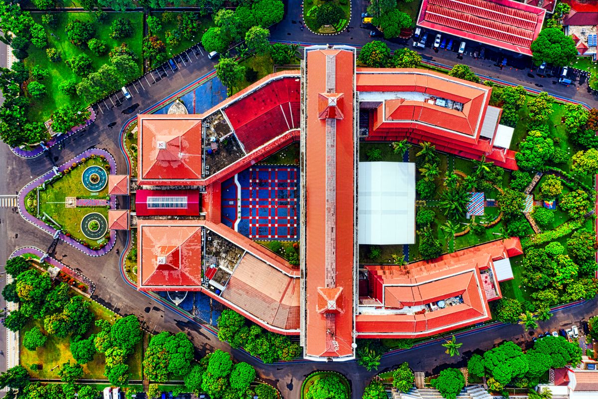Aerial drone view of a commercial building rooftop